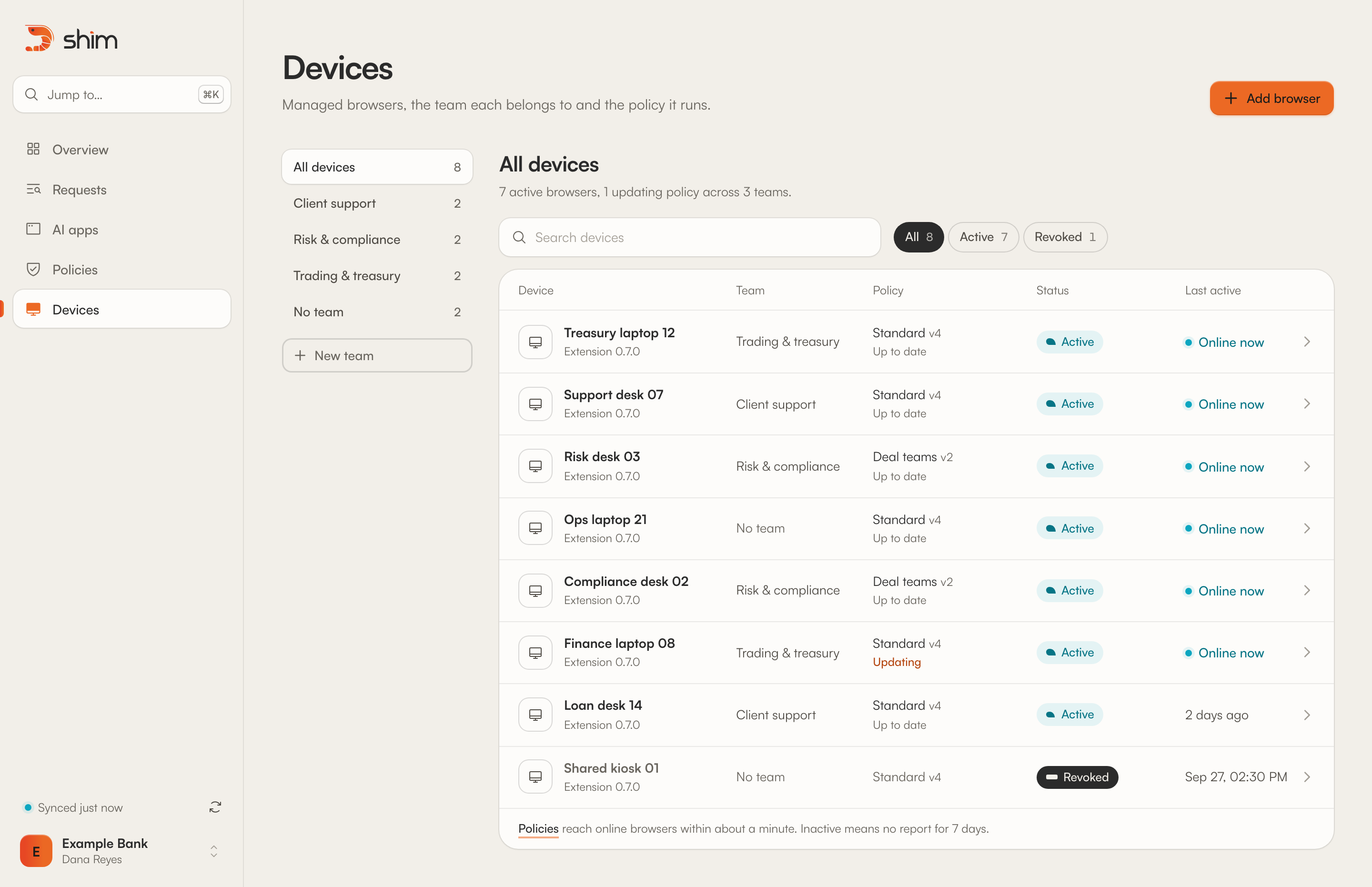 The Devices page in the shim console. Teams on the left: Client support, Risk & compliance, Trading & treasury and No team. The list shows each browser with its team, its policy and whether it is up to date or updating, its status (Active, Inactive or Revoked) and when it was last active, with Online now for browsers reporting in the last five minutes.