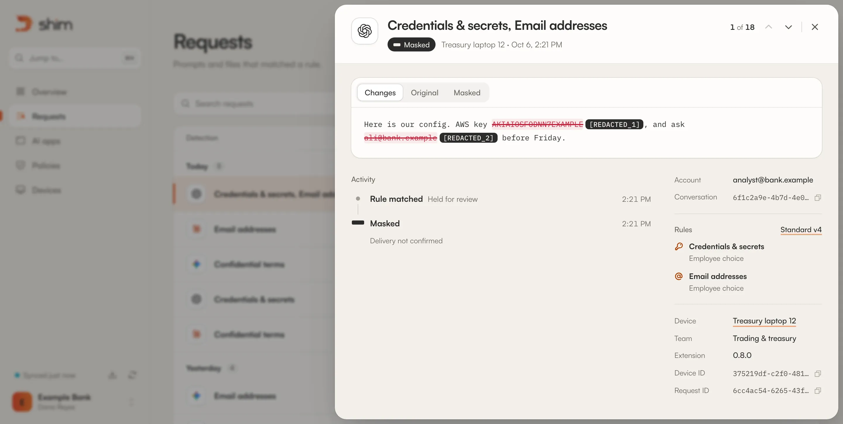 The shim console&rsquo;s request inspector on a masked ChatGPT request: the prompt with the AWS access key and the email address struck through and replaced by [REDACTED_1] and [REDACTED_2], the activity trail, the account and conversation, both rules from the Standard policy, version 4, and the device.