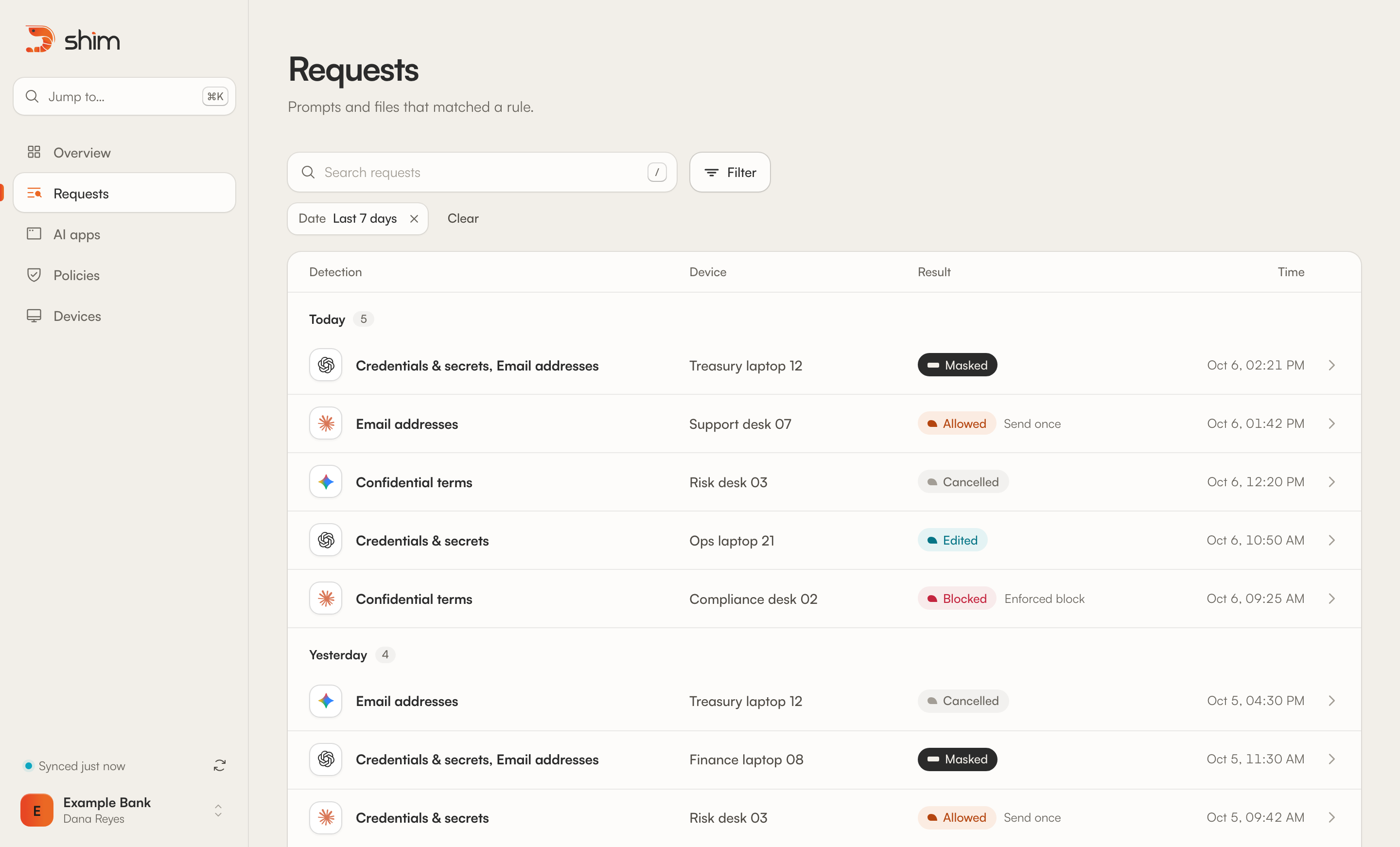 The Requests page in the shim console with a search field, a Filter button and an active Date: Last 7 days filter. Today’s group lists five requests by detection, device, result and time: Masked, Allowed with Send once, Cancelled, Edited, and Blocked with Enforced block. Yesterday’s group follows.